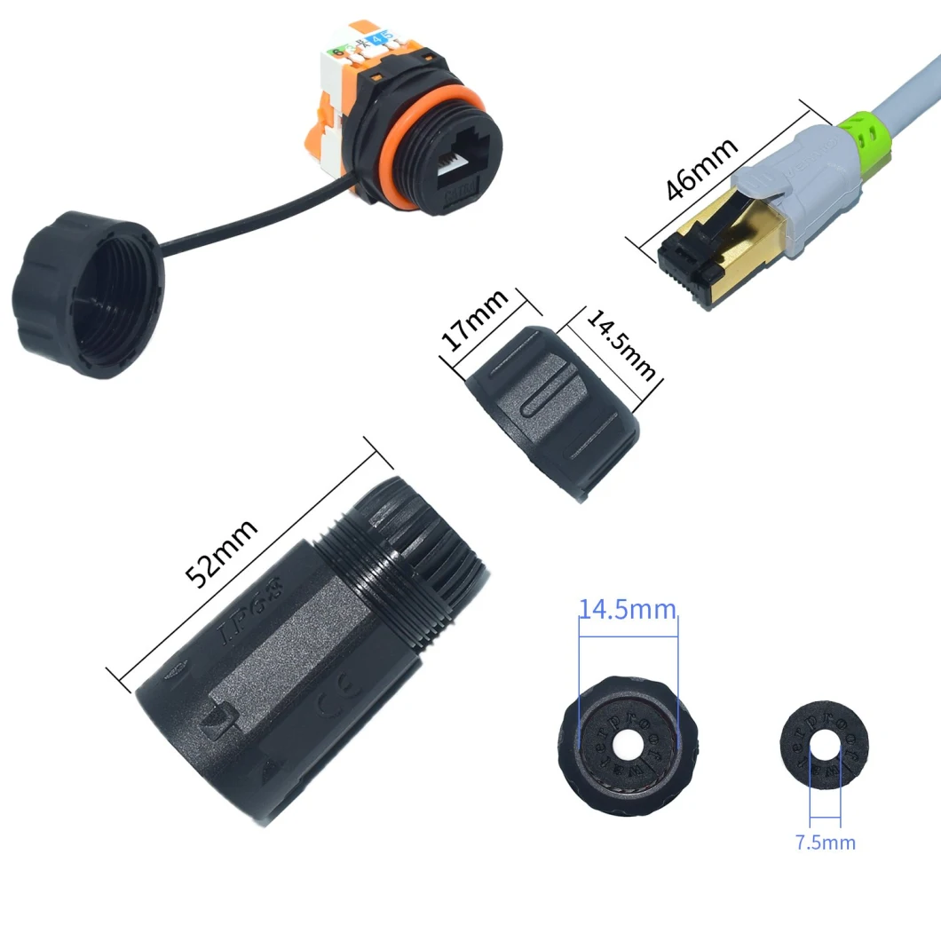 Yxy Outdoor IP68 IP67 Wire Cable Panel Mount 8pin Waterproof Connector RJ45 CAT6A Cat5e